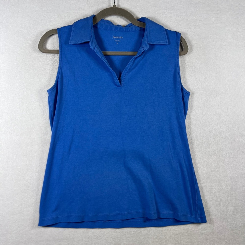 Relativity Womens Blue Sleeveless V-Neck Polo Shirt Cotton Blend Size L